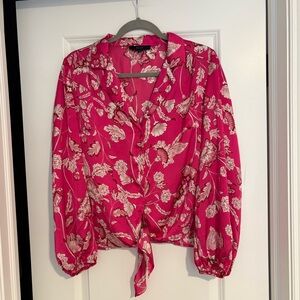 Eclair Floral Tie-Front Blouse Pink Long Sleeve Size M
